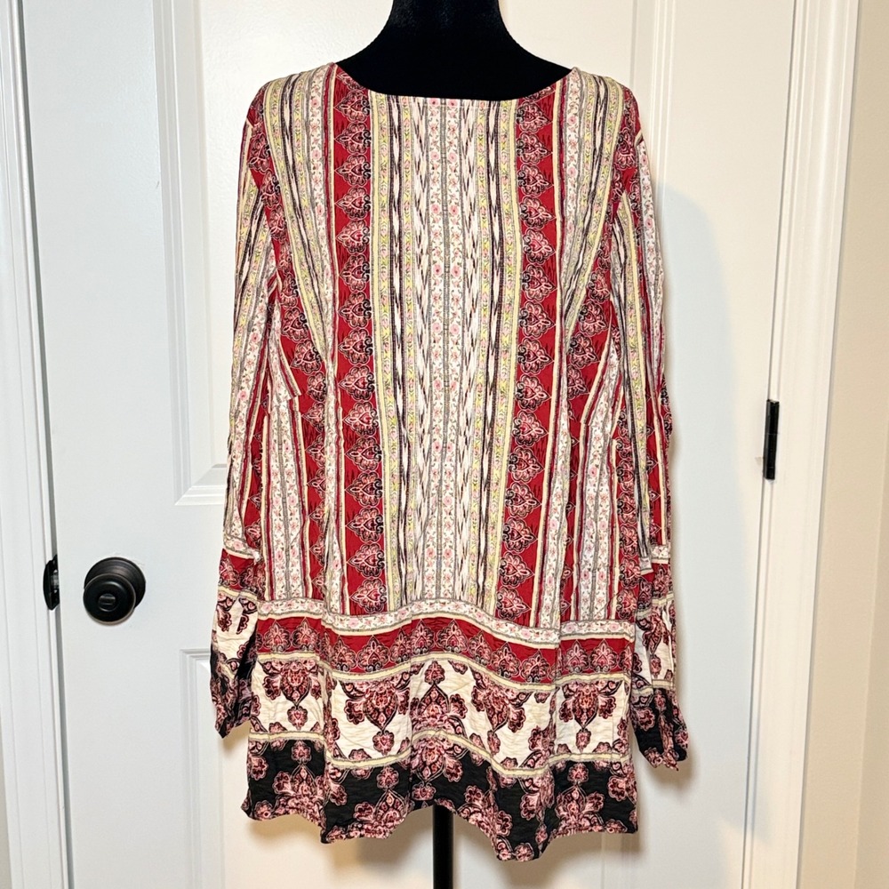 J. Jill Women Size 2X Red Black Paisley Boho Tunic Long Sleeve Boat Neck Top